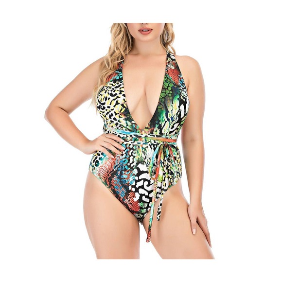 Leopard Print Sexy Plus Size Strappy All-In-One Bikini Swimsuit - Picture 3 of 8